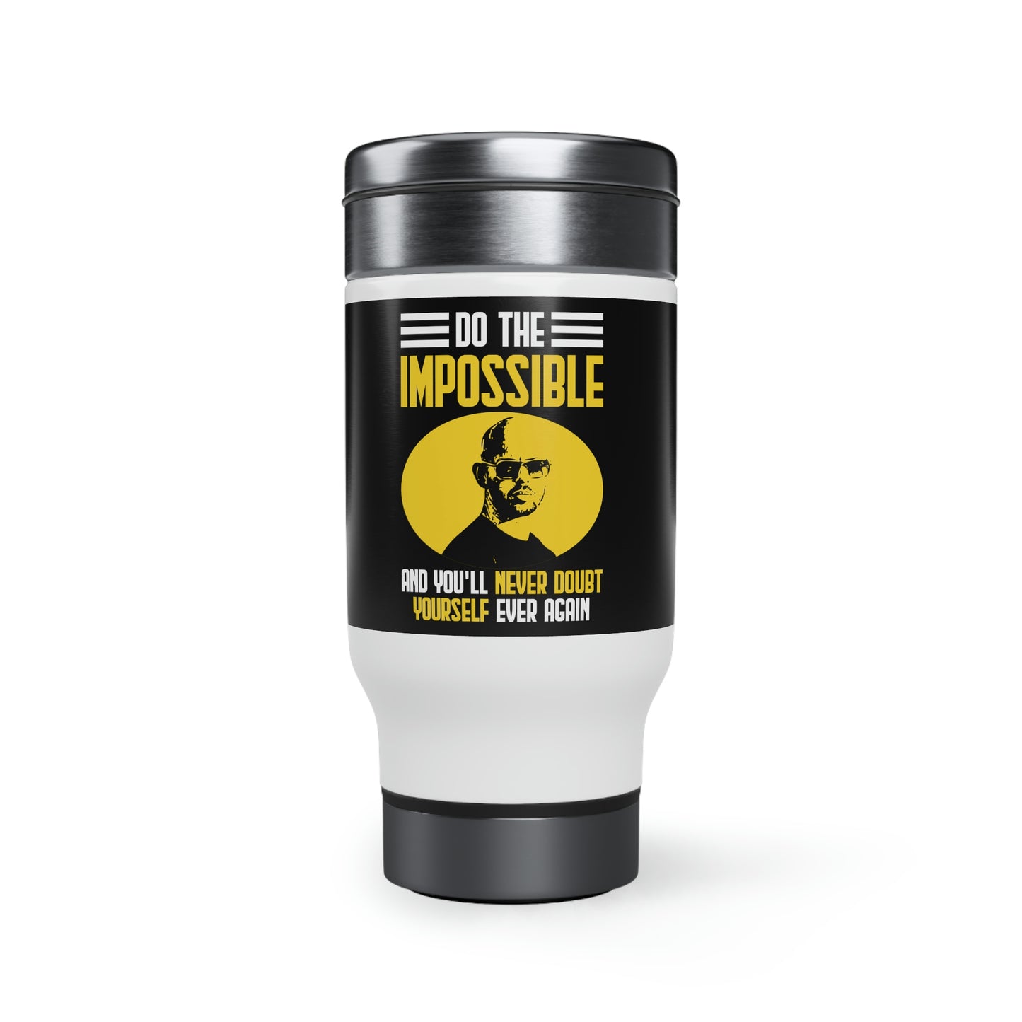 Andrew Tate Quote Travel Mug: Conquer the Impossible with Unwavering Confidence Stainless Steel Travel Mug with Handle, 14oz